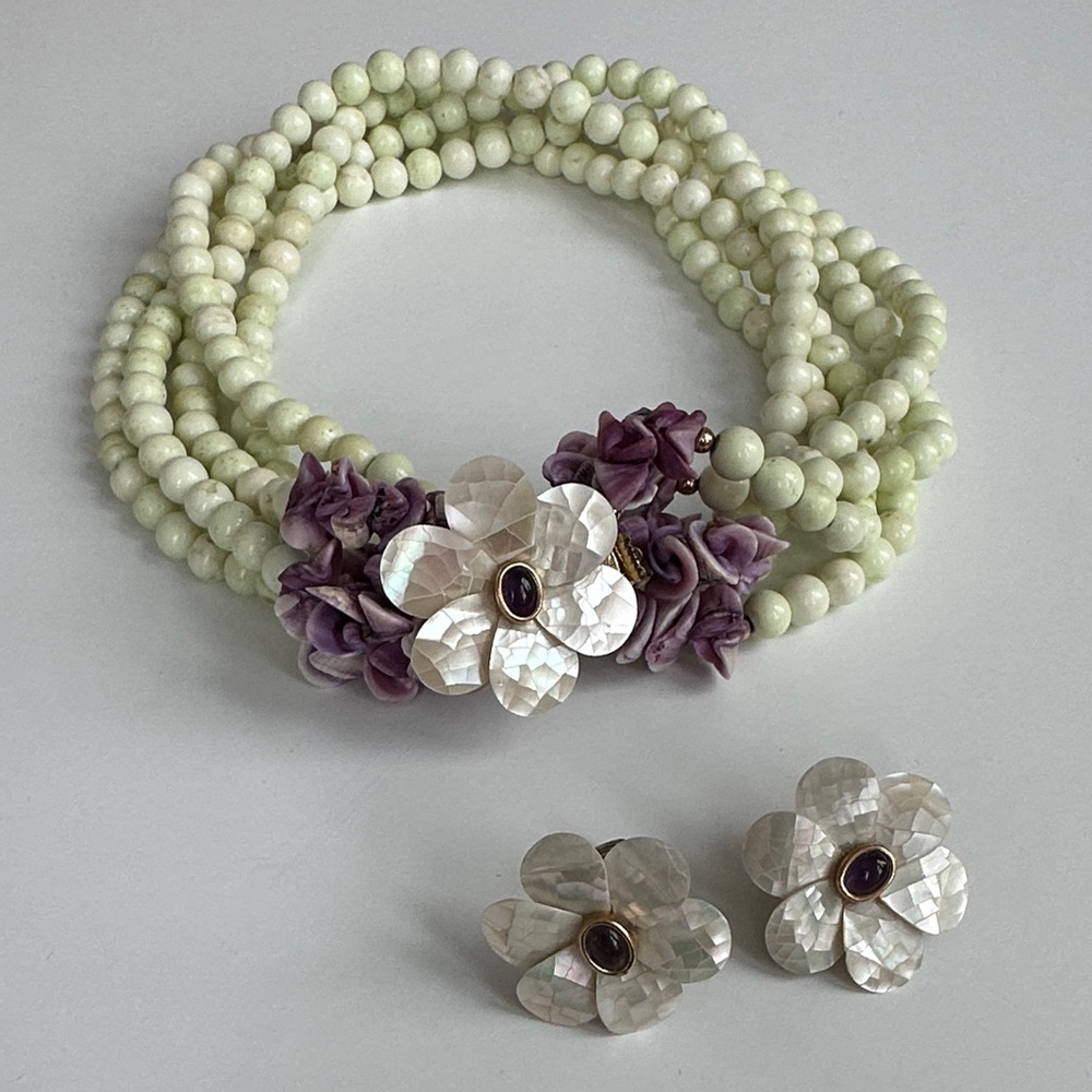 Vintage Art Nouveau White Jade, Shell & Amethyst Earring and Necklace Set